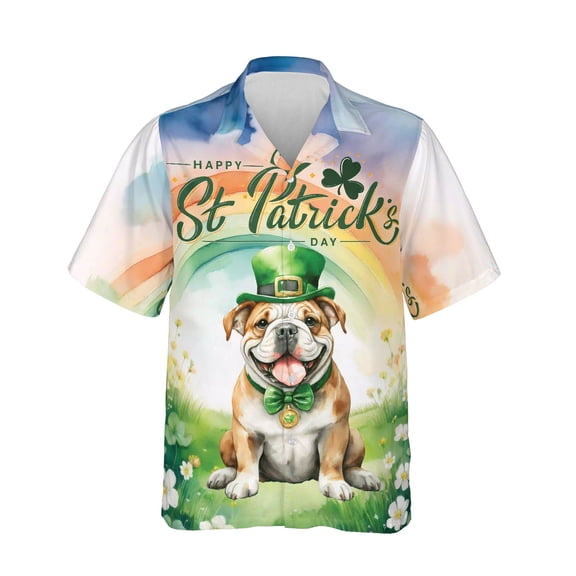 Happy St. Patrick’s Day Bulldog with Green Hat Shamrocks Rainbow Hawaiian Shirt Breathable Summer Unisex Merch Dog Lover Gifts Idea - 03007