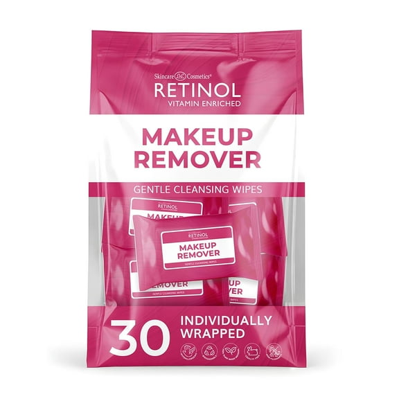 Retinol Individually Wrapped Makeup Remover Wipes, travel essentials for Travel & On the Go, women facial cleansing wipes, remove makeup mascara & sunscreen, with micellar water, 30 single face wipes