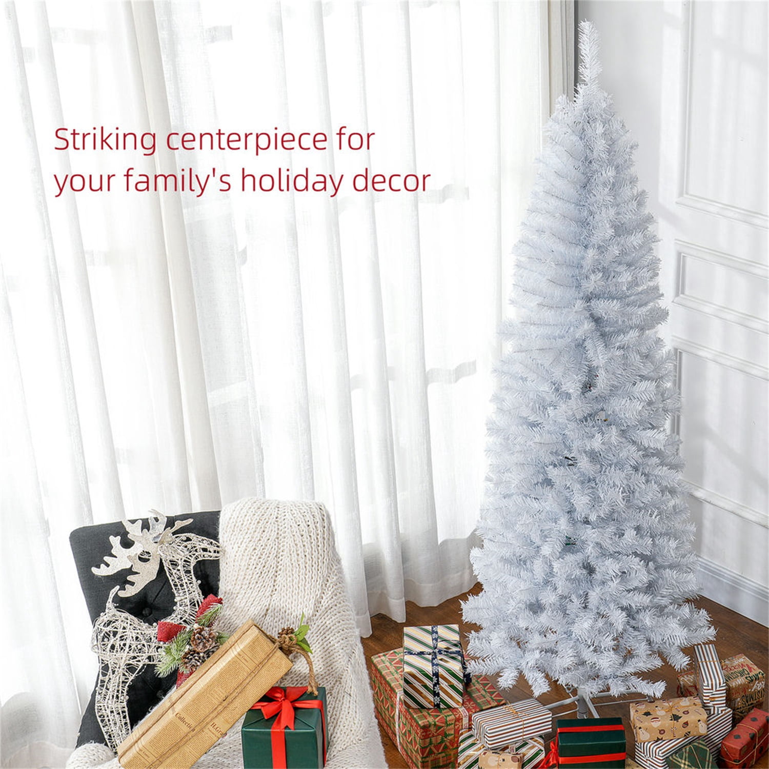 Hommoo Decorations,6ft Pencil Christmas Tree, Unlit Artificial Christmas Tree Slim Douglas Fir Xmas Tree with Realistic Branches, Halloween Tree with 618 Tips,White