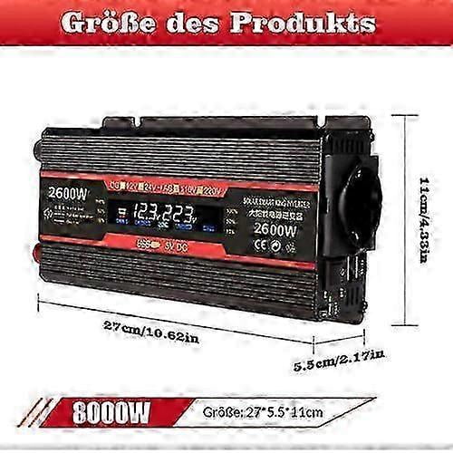 6000W/8000W Pure Sine Wave Power Inverter 12V to 230V with 2 USB Ports EU Plug