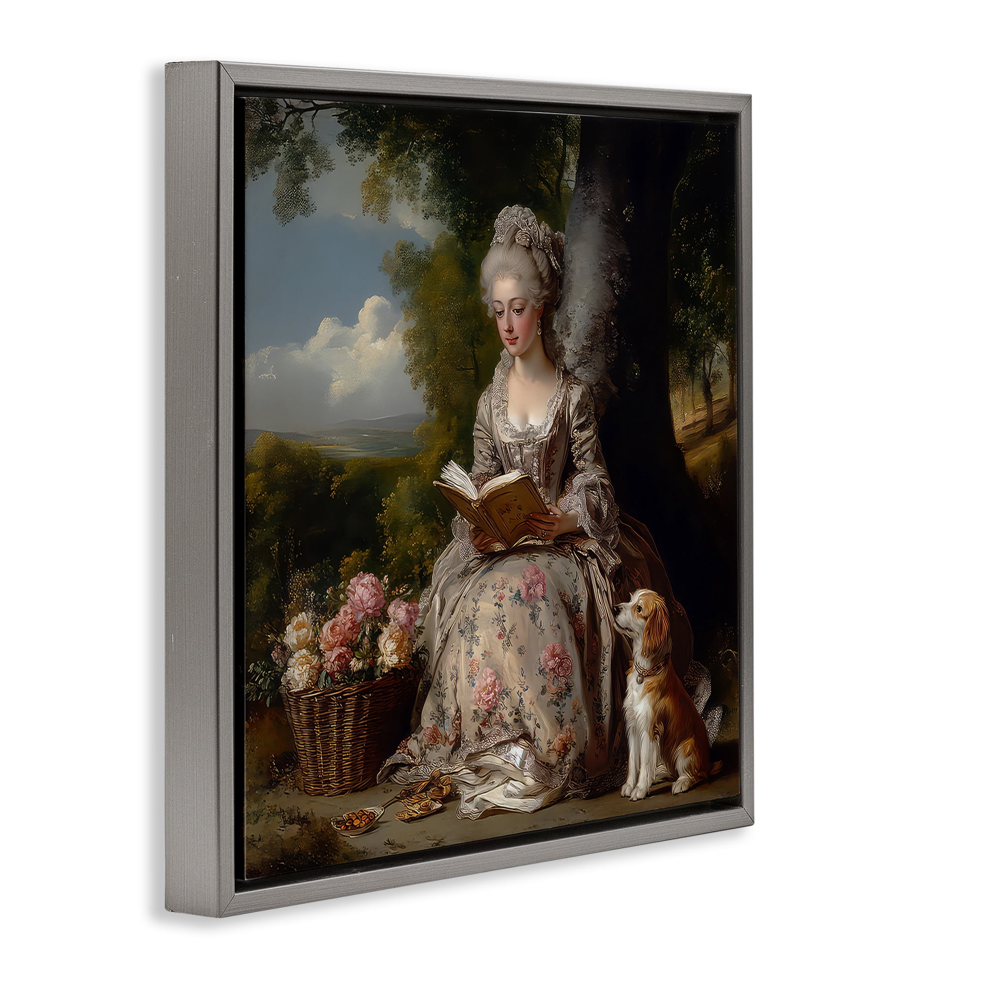 Stupell Industries Rococo Lady with Dog Gray Framed Floater Canvas Wall Art, design by The Wands Want