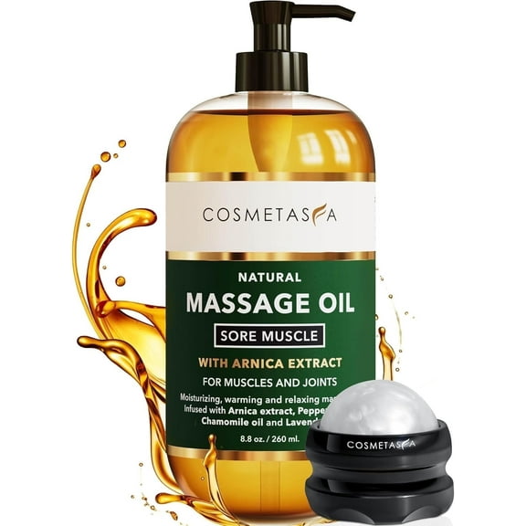 Cosmetasa Sore Muscle Massage Oil with Arnica Extract, Includes Massage Roller Ball, 8.8 fl oz