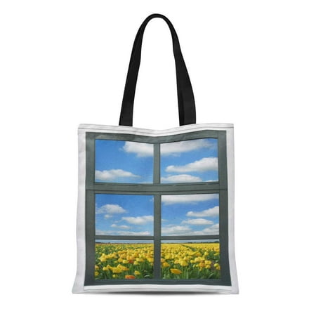 LADDKE Canvas Tote Bag Flowers Yellow Tulips Blue Spring Window View Landscape Nature Reusable Handbag Shoulder Grocery Shopping (Best Flowers For Window Boxes Spring And Summer)