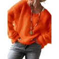 thumbnail image 3 of Women Soft Deep V Neck Drop Shoulder Lantern Long Sleeve Oversized Lazy Fit Solid Knit Sweater Orange XL, 3 of 8