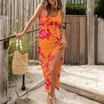 thumbnail image 2 of WXLWZYWL Summer Dress Women'S Sleeveless High Waist Printed Ribbed Drawstring Ruched High Slit Dresses Orange, 2 of 4