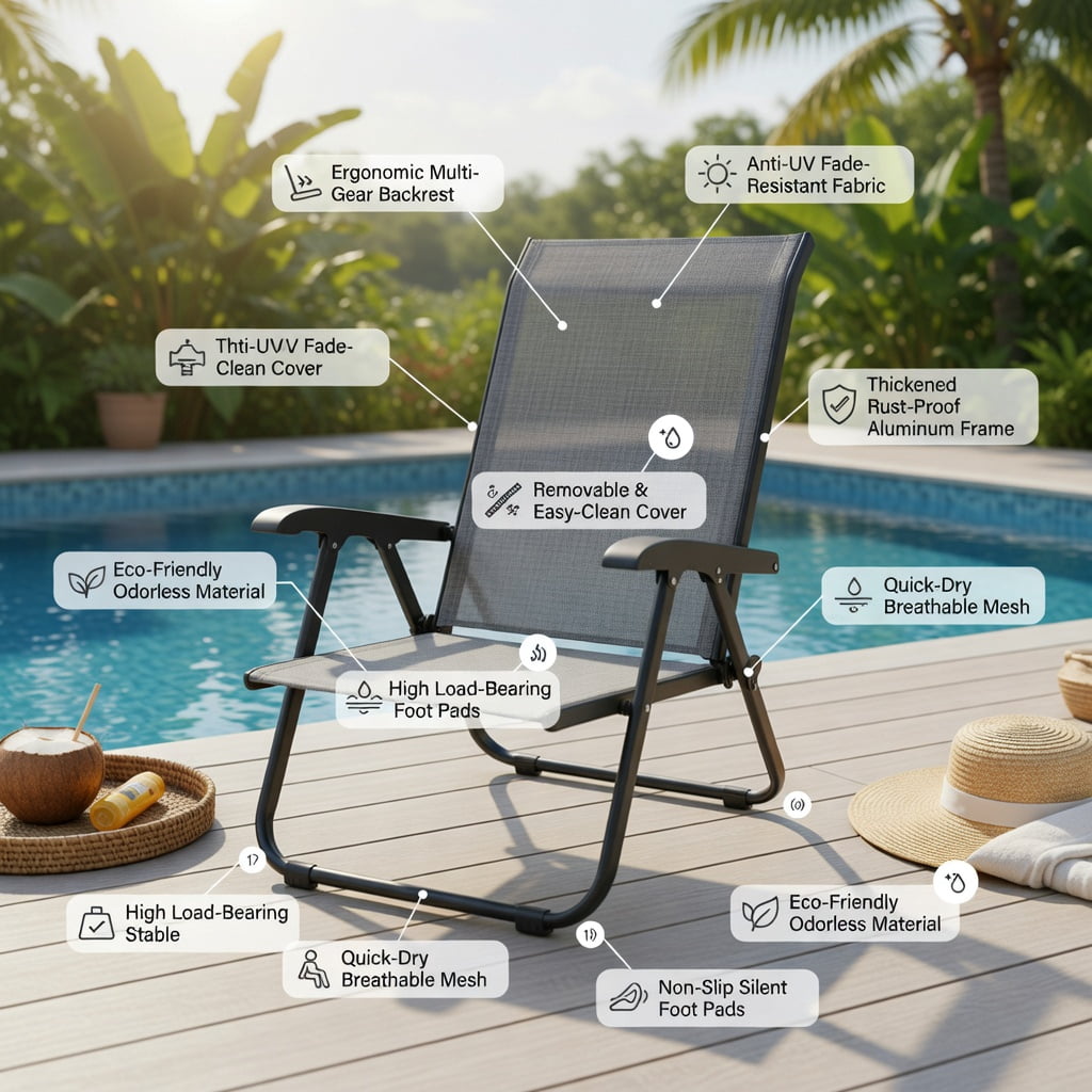 Hommoo Foldable Outdoor Chaise Lounge Chair with Adjustable Backrest & Footrest, Steel Frame, Breathable Fabric, for Patio, Poolside & Garden, Gray