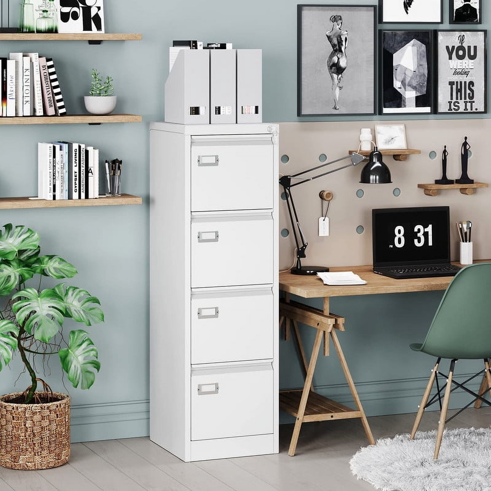 MIIIKO 4 Drawer File Cabinet,Metal Vertical Filing Cabinets with Lock,Storage A4/F4/Letter/Legal for Home Office-Assembly Required (4 Drawer-White)