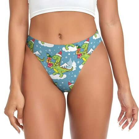 Qokaie Dino Christmas Adventure Snowy Blue Printed Women s Cotton Thong Underwear  Sexy Breathable Panties G-string-Medium