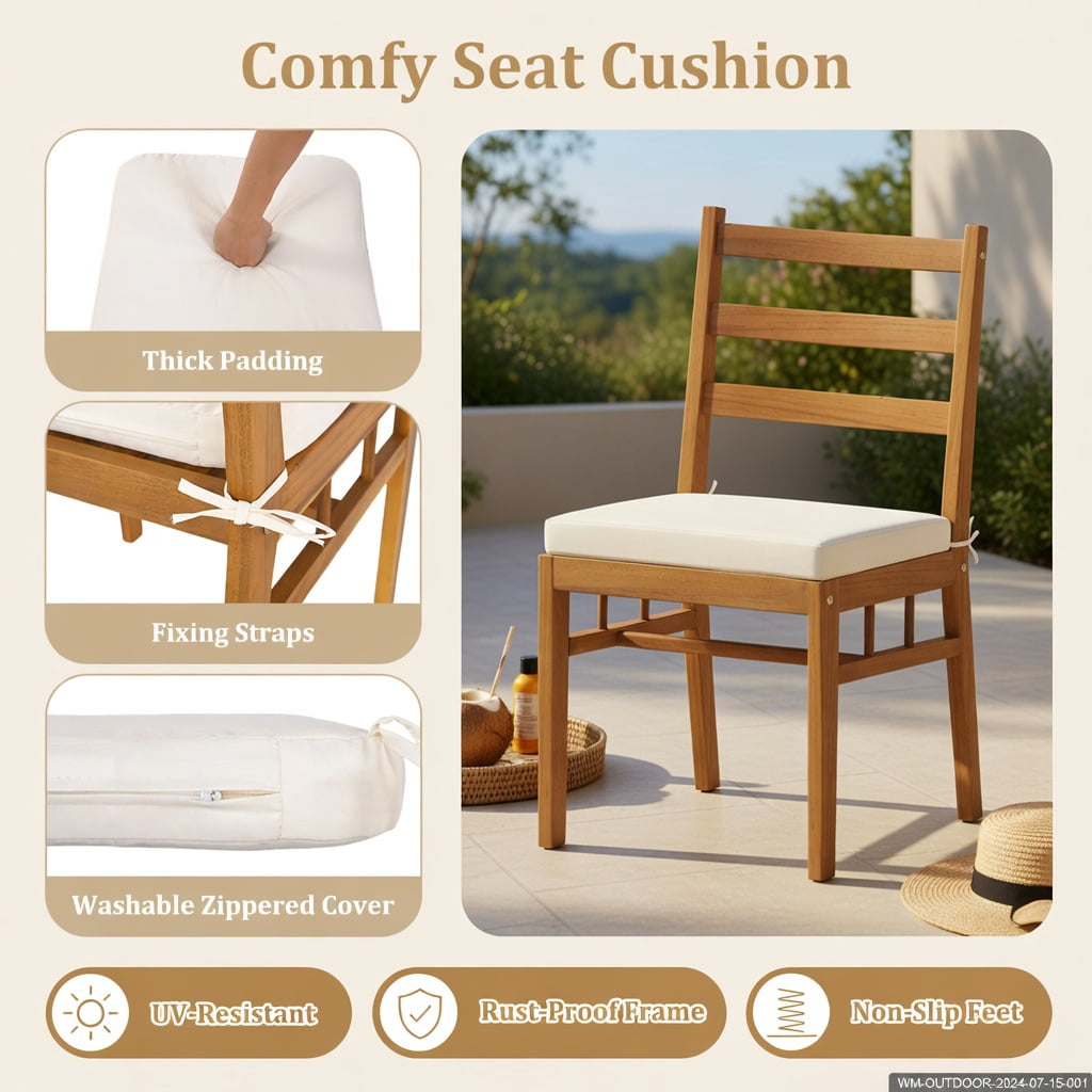 Hommoo 2-Piece Acacia Wood Outdoor Patio Dining Chairs Set, Natural Wood Frame with Removable Cushions, Weather-Resistant Armless Chairs for Deck, Porch & Garden, White