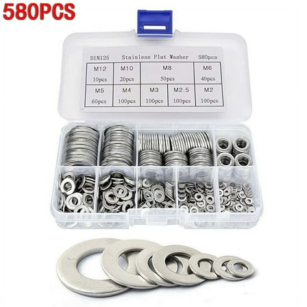 580Pcs 304 Stainless Steel Flat Metal Washers Gasket Set Fastener M2-