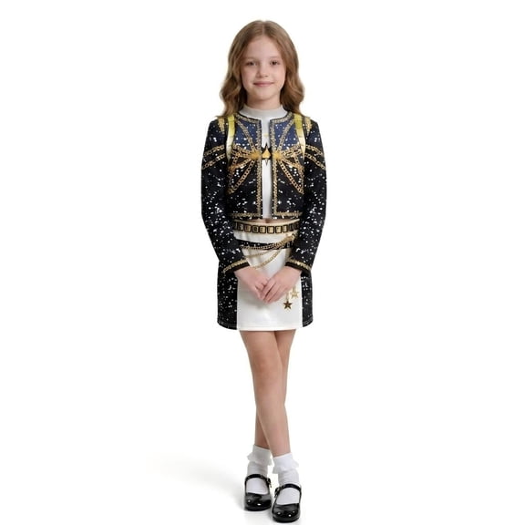 3-Piece Halloween Cosplay G'irl's Costume, Luxury Popular Singer Stage Performance Outfit, Black Printed , Ages 3-12