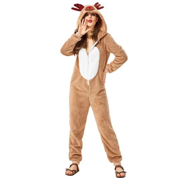 Pijamas de disfraz de reno de elfo de Navidad para mujer, adulto, con capucha, acogedor, ciervo, Cosplay, mono, mono de lana