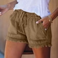 thumbnail image 4 of Textilo Jean Shorts for Womens Elastic Waist Drawstring Frayed Hem Denim Shorts with Pockets High Waisted Jean Shorts Summer Casual Lightweight Comfy Hot Short,Khaki XL, 4 of 5