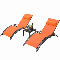 TLSUNNY Outdoor Lounge Set of 3, Aluminum Frame 2 Recliner Chairs & 1 Side Table with Adjustable Backrest and Removable Headrest, for Backyard, Pool, Patio Tanning