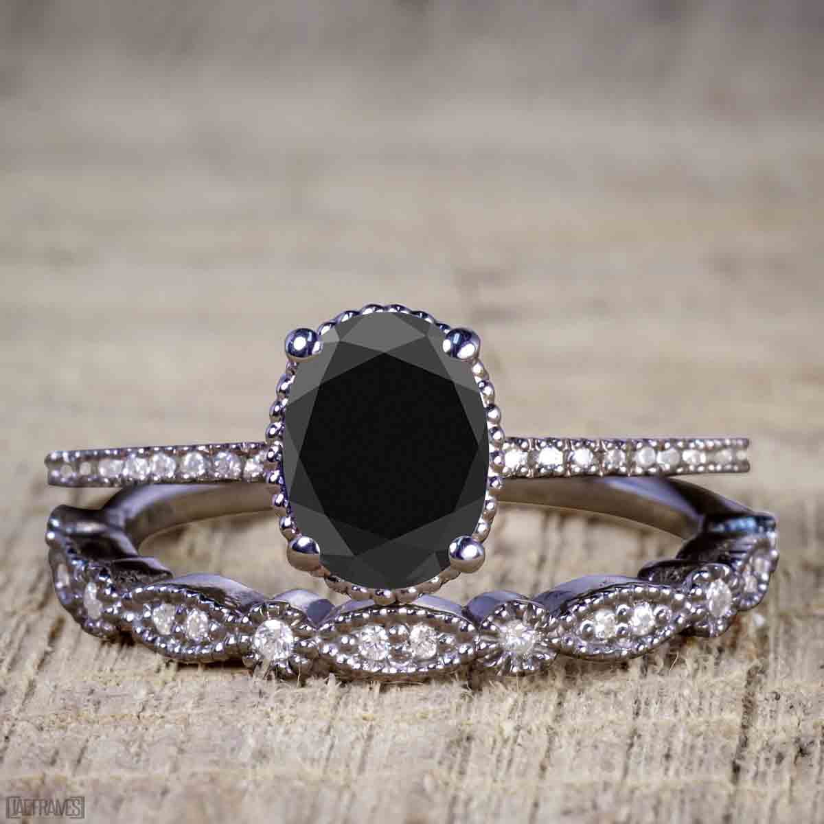 Black Diamond Engagement Ring, Flower Wedding Set ADLR300S