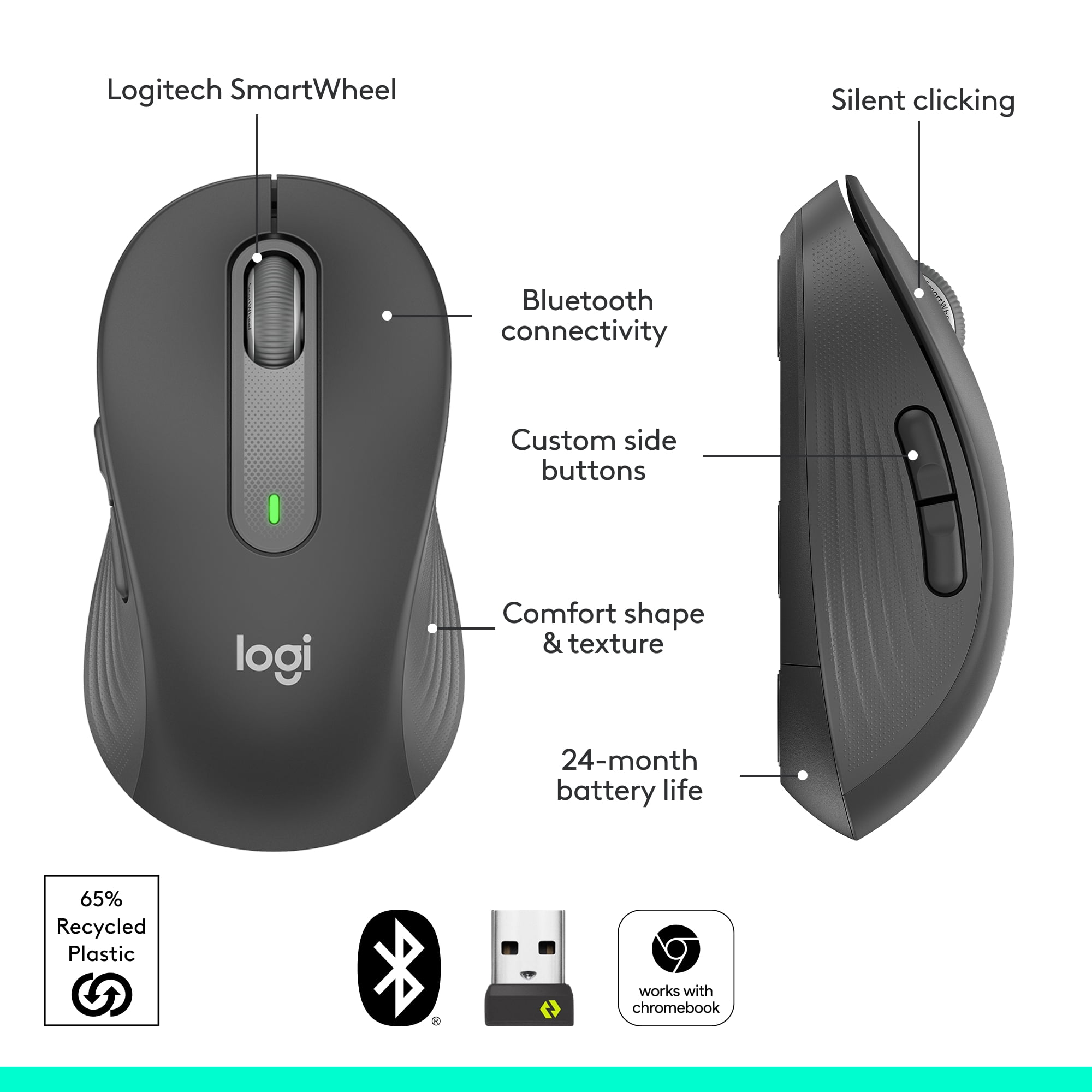 Logitech Signature M650 L Full Size Wireless Mouse - For Large Sized Hands, 2-Year Battery, Silent Clicks, Customizable Side Buttons, Bluetooth, Graphite