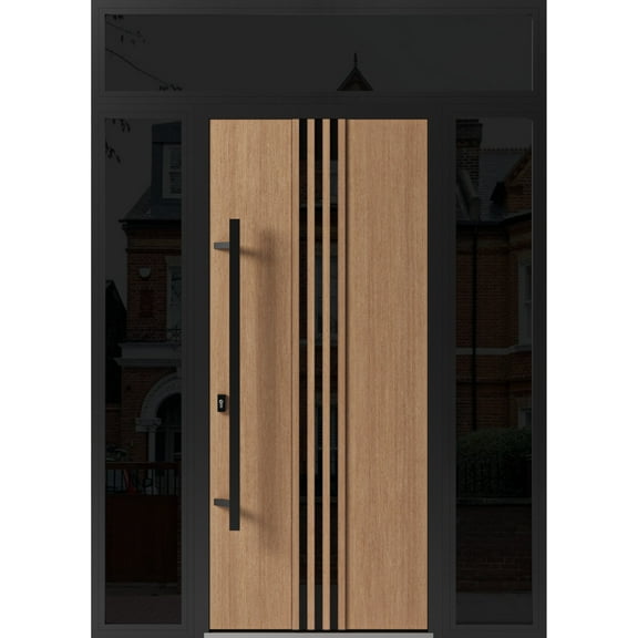 Front Exterior Prehung Steel Door / Ronex 1055 Teak / 2 Side and Top Exterior Window Sidelite / Entry Metal Modern Painted W16 36 16" x H80 16" Right hand Inswing