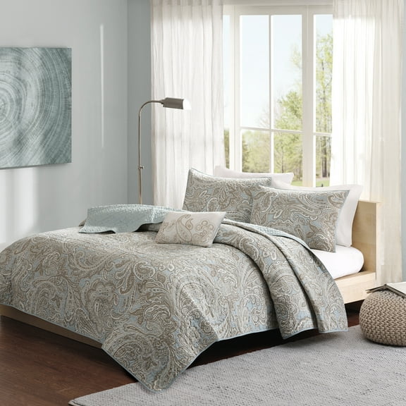 Madison Park Pure Ronan Full/Queen 4 Piece Cotton Quilt Set with Throw Pillow Blue