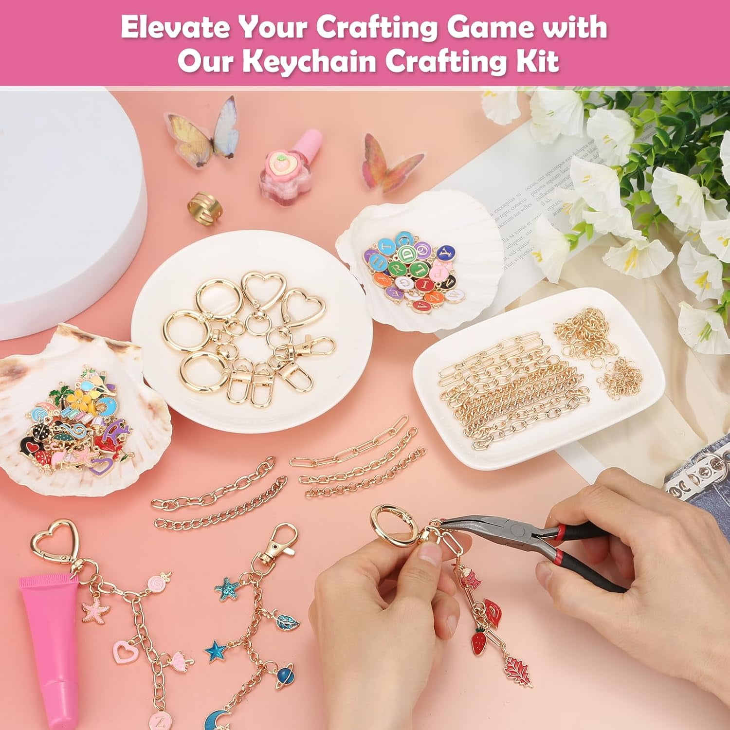 198Pcs Charms Lip Gloss Keychain Making Kit, DIY Craft Supplies with Charms, Key Chain Hooks, Jump Rings, Lobster Clasps, Chains & Tools, Jewelry Making Kit for Custom Keychains, Bags, Gifts