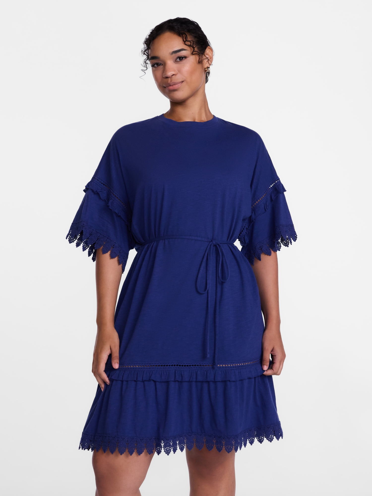 Scenario Women's Lace Trim Knit Dress with Short Sleeves, Sizes XS-XXXL