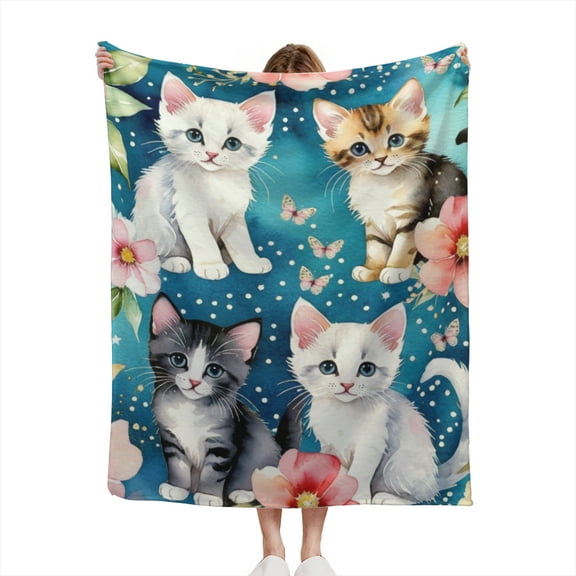Watercolor Kitty Cats Print Kittens Cats and Flowers on Blue Pattern Design Lightweight 50x60 Throw Blanket for Sofas, Home Decor, Travel, Lounging