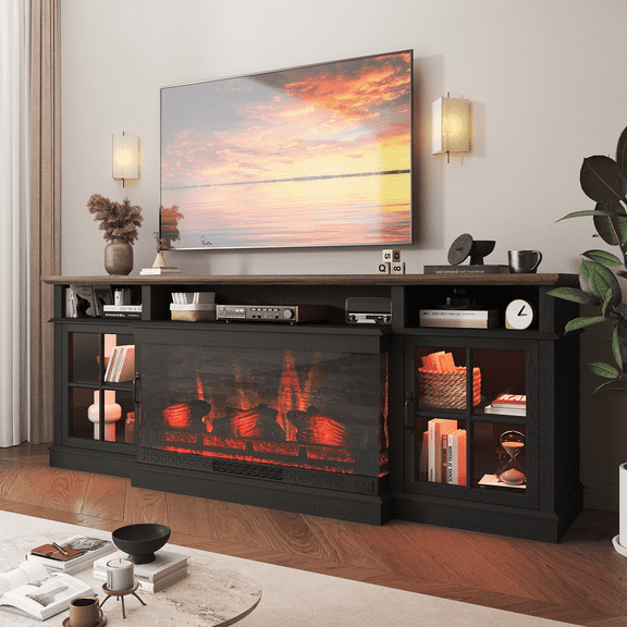 Sonegra 70 inch Fireplace TV Stand for TVs up to 80" with Electric Fireplace, Farmhouse Entertainment Center with LED Lights and Glass Door, Modern TV Consoles for Living Room, Black