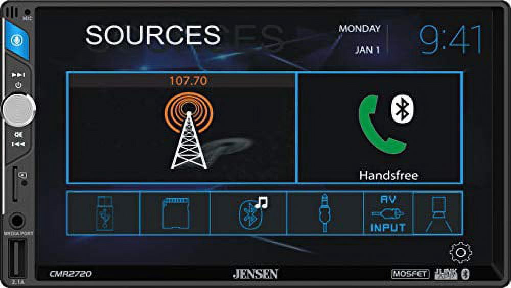 Jensen CMR2720 7" Digital Media Receiver with Built-in Bluetooth | 2.0 DIN | Push-to-Talk Voice Activation | 200 Watts (50 Watts x 4) | J-Link Smart Remote App | USB Input with Charging