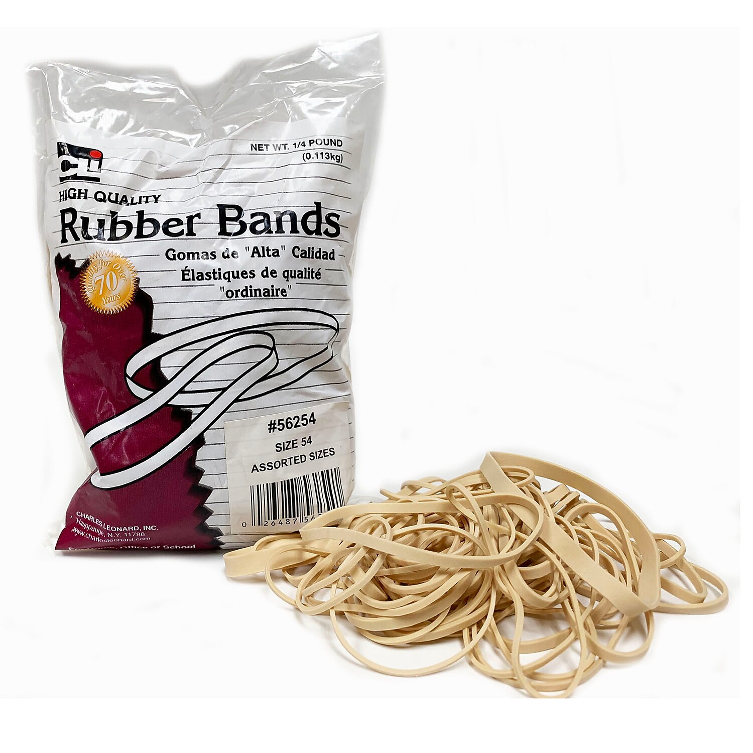 Charles Leonard Rubber Bands, High Quality, Size 54, Assorted, 0.25 lb. Per Bag, 12 Count