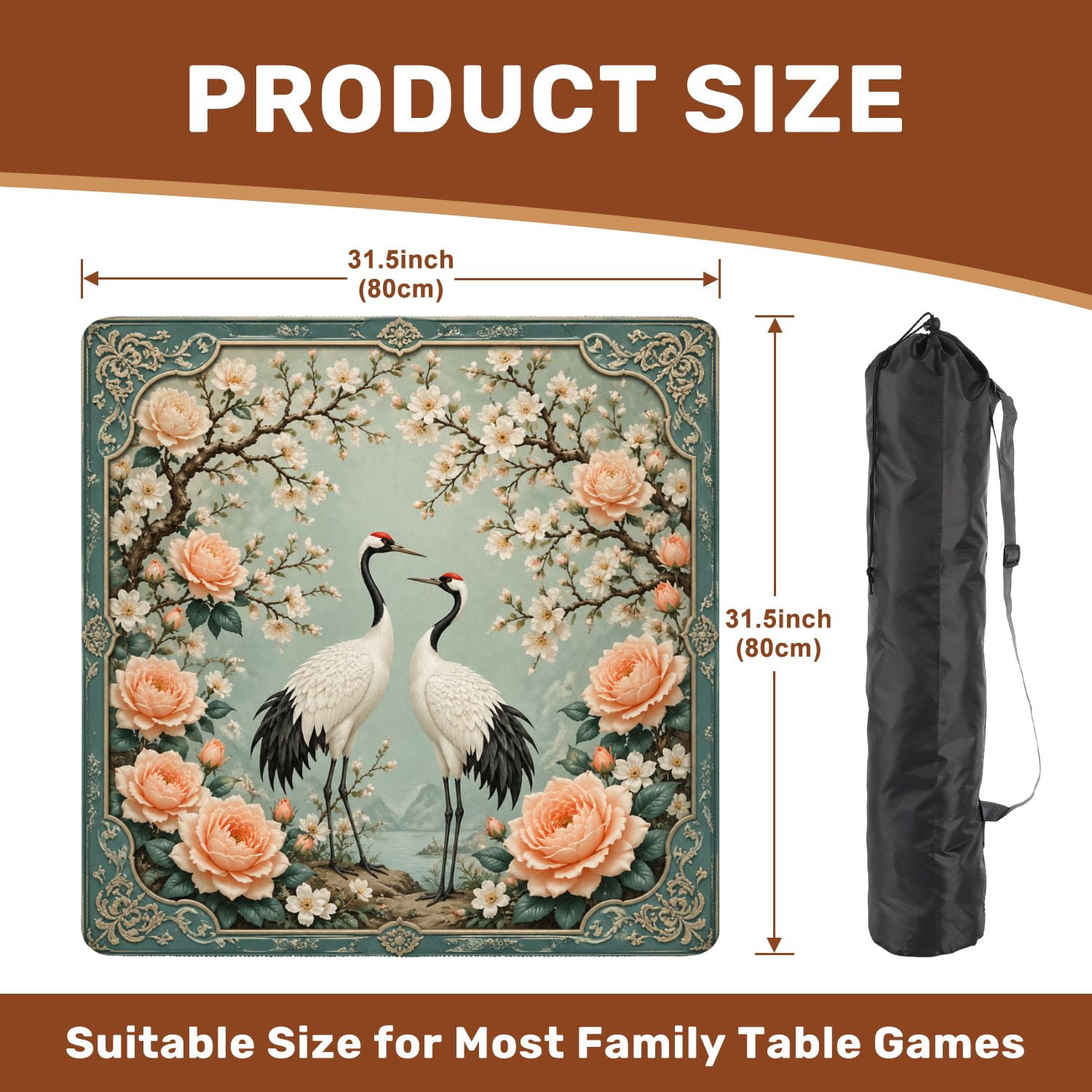 Mahjong Mat 31.5" x 31.5" Elegant Pair Cranes Among Peach Cherry Blossoms Vintage Ornamental Non-Slip Noise Reduction American Mahjong Tiles Table Cover for Dominoes Poker Card Board Games Gift