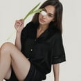 thumbnail image 4 of Women's Satin Pajama Set with Lace Trim Short Sleeve Button Top and Elastic Waist Shorts - Large, Black, 4 of 7