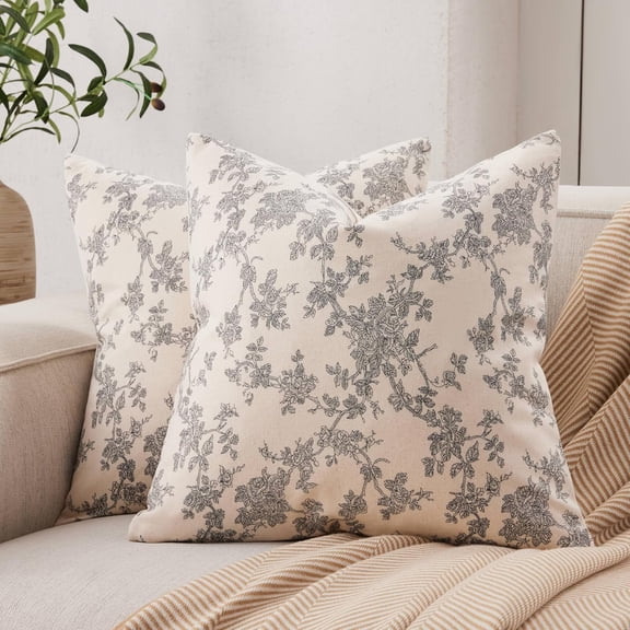 100% Cotton French Pastoral Throw Pillow Covers Set of 2, 16x16 Inch Black Farmhouse Decorative Cushion Covers for Sofa Bed Living Room Home Decor