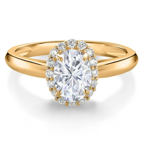 Gem Stone King 10K Yellow Gold White Moissanite and Lab Grown Diamond Halo Engagement Ring for Women (1.03 Cttw, Oval 7X5MM, Size 7)