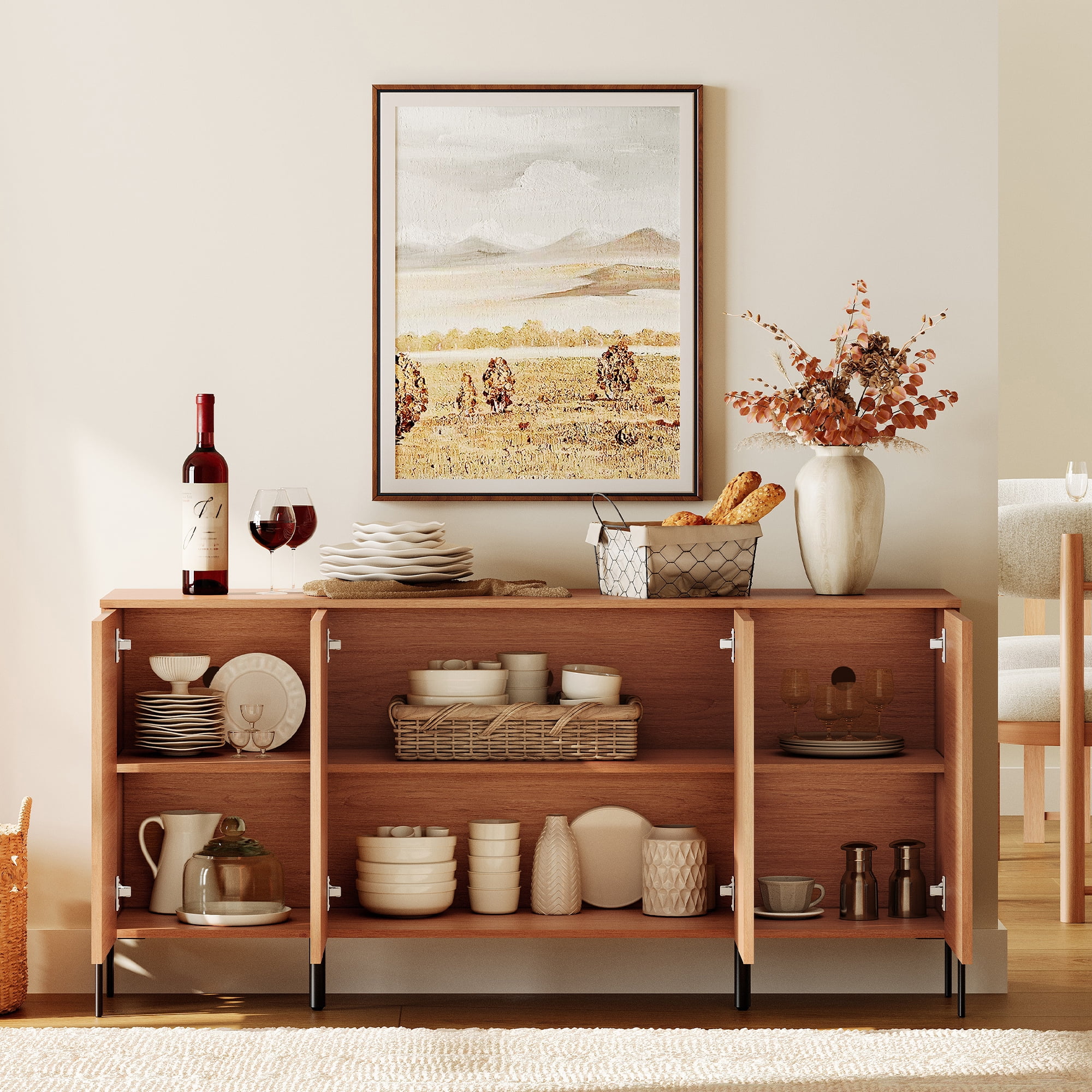 61" Minimalist 4-Door Sideboard With Rectangular Geometric Design And Double Chopstick Leg Base
