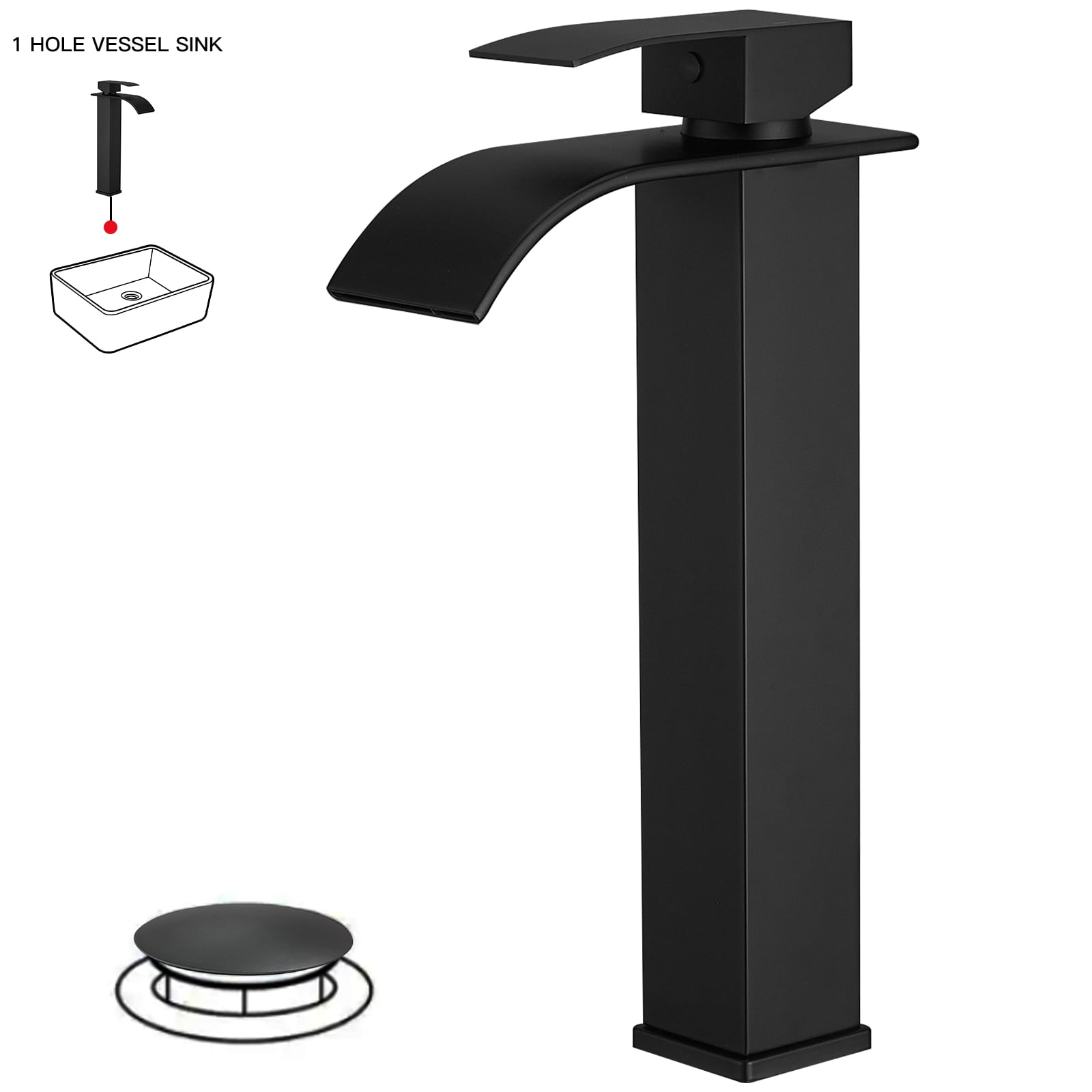 Matte Black Waterfall Vessel Sink Faucet - 12 Inch Tall Single Hole Bathroom Faucet With Pop Up Drain & Supply Lines