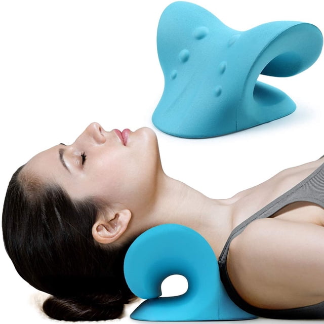 Relajador de cuello y hombros, dispositivo de tracción cervical para aliviar el dolor y alineación de la columna cervical, camilla de cuello de almohada quiropráctica (azul)
