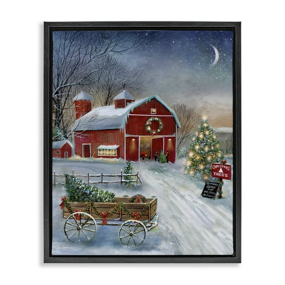Stupell Industries Holiday Wagon & Barn Holiday Painting Black Floater Framed Canvas Art Prints Wall Art, 17 x 21