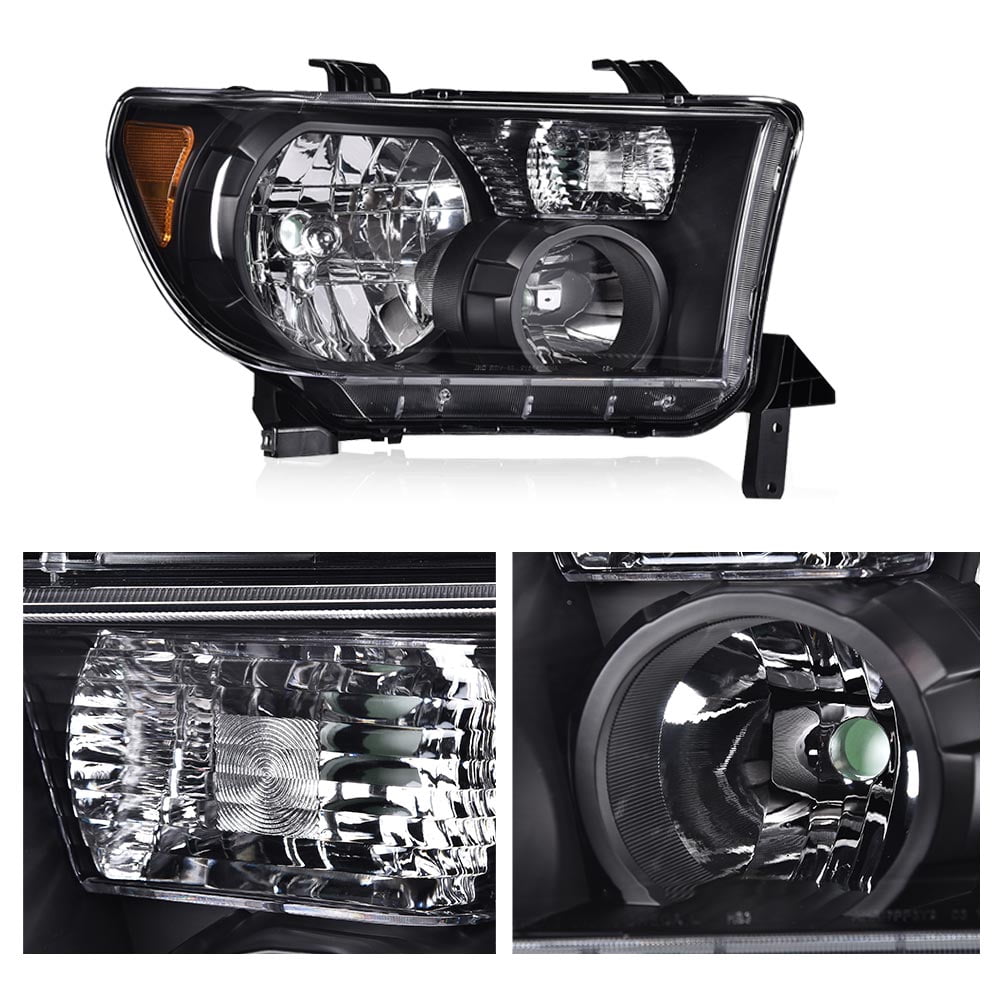 CROSSDESIGN Pair Black High/Low Beam Headlights Fit for Toyota Tundra 2007-2013/Sequoia 2008-2017