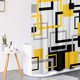 thumbnail image 4 of Juego de cortina de ducha geométrica amarilla con tapa de inodoro y alfombrillas antideslizantes, cortina de ducha abstracta cuadrada negra y gris de 4 piezas para baño, decoración de baño de línea, 4 of 7