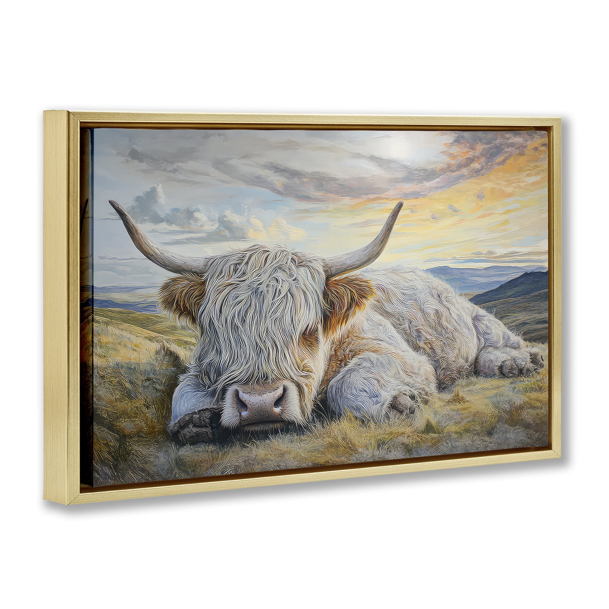 Stupell Industries Sleeping Highland Cow Pastoral Gold Framed Floater Canvas Wall Art, design by The Wands Want