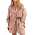thumbnail image 2 of Mqqzkk Women's Summer 2 Piece Sets Long Sleeve Button Up Shirts Elastic Waist Matching Short Sets Beach Vacation Cruise Outfits, 2 of 6