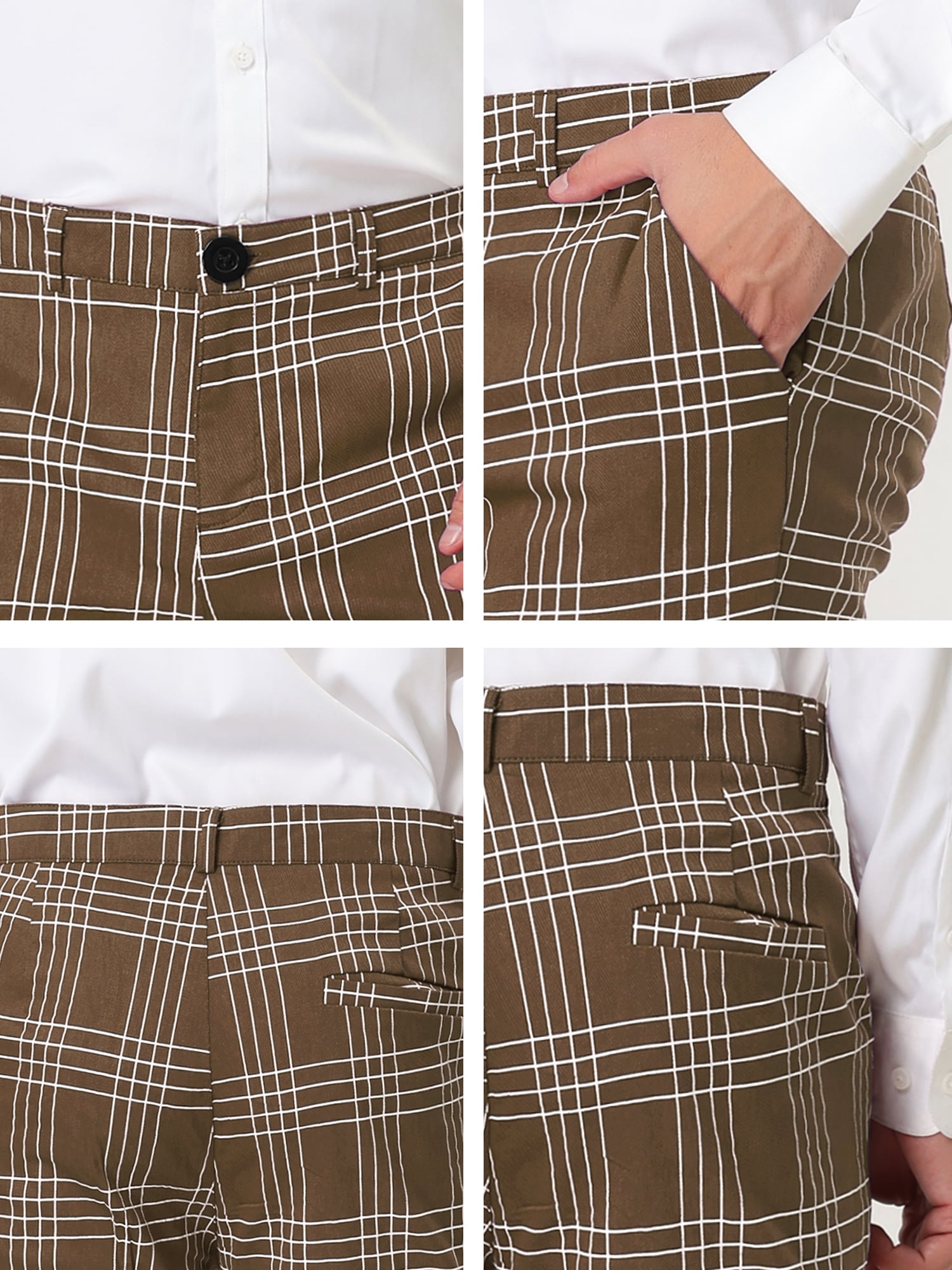 Unique Bargains Men's Dress Plaid Pants Formal Slim Fit Printed Business Checked Trousers 34 Dark Brown