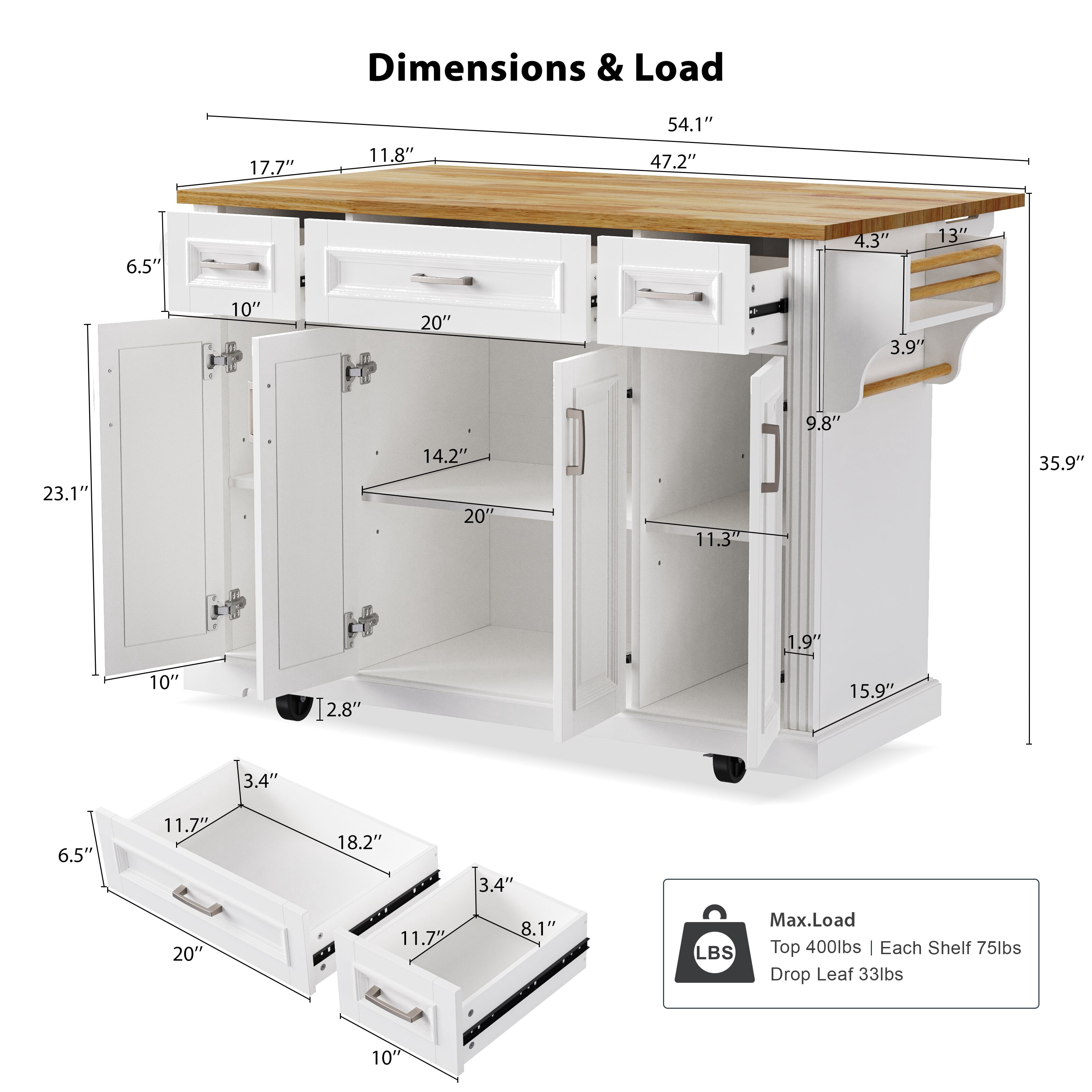 Yoneston 54" Large Kitchen Island with Drop Leaf, Rolling Kitchen Cart with Towel Rack Spice Rack and 4 Doors and 3 Drawers for Kitchen, Dining Room, White