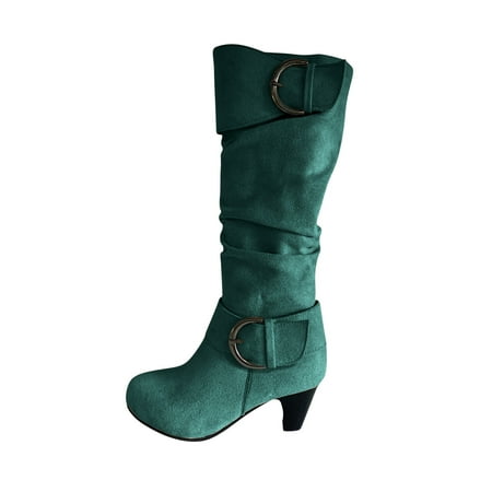 

jsaierl Women s Winter Warm High Heel Straight Leather Belt Buckle Suede Thick Heel Knight Boots