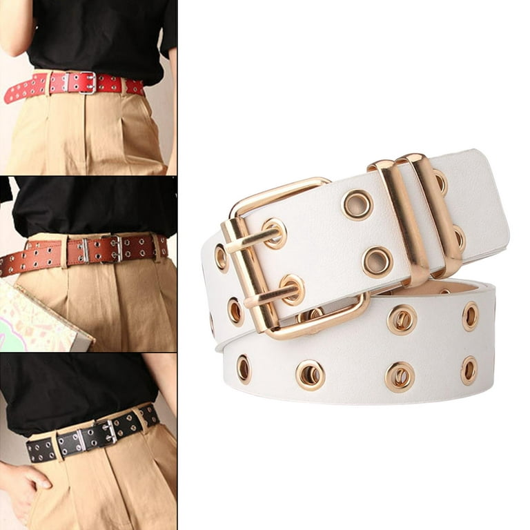 PU Fashion Adjustable Double Belt, for Pants Vintage White Accessories, Grommet Leather Punk Hollow Eyelet Jeans. with , Gothic