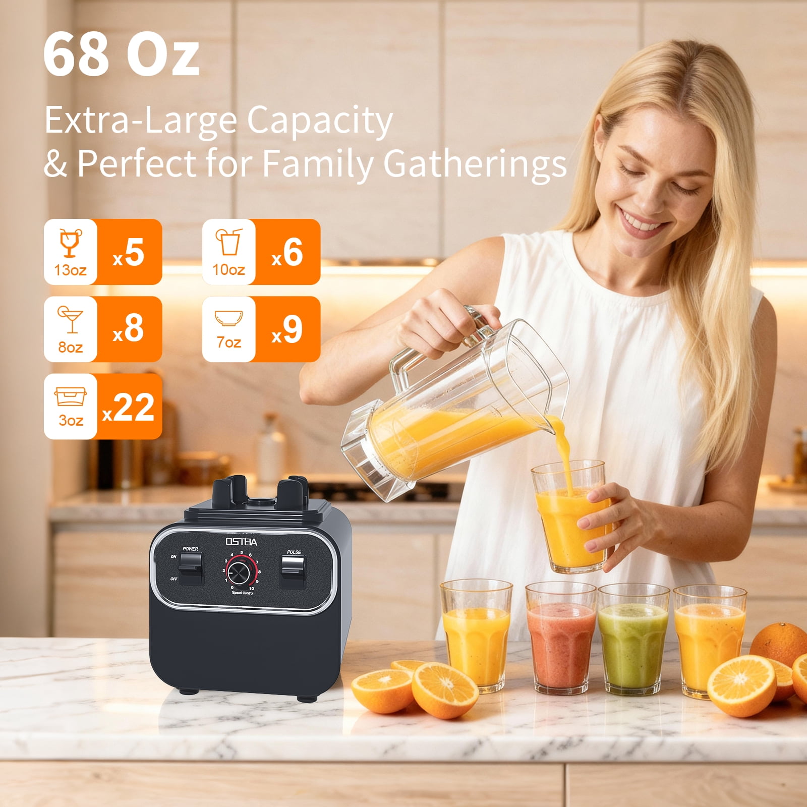 OSTBA Blender for Smoothies, Commercial 10-Speed Control Blenders for Kitchen, 68Oz Large Capacity and BPA-Free Pitcher, 1600W Countertop Blenders for Ice Crushing, Frozen Drinks, Puree & Grinding
