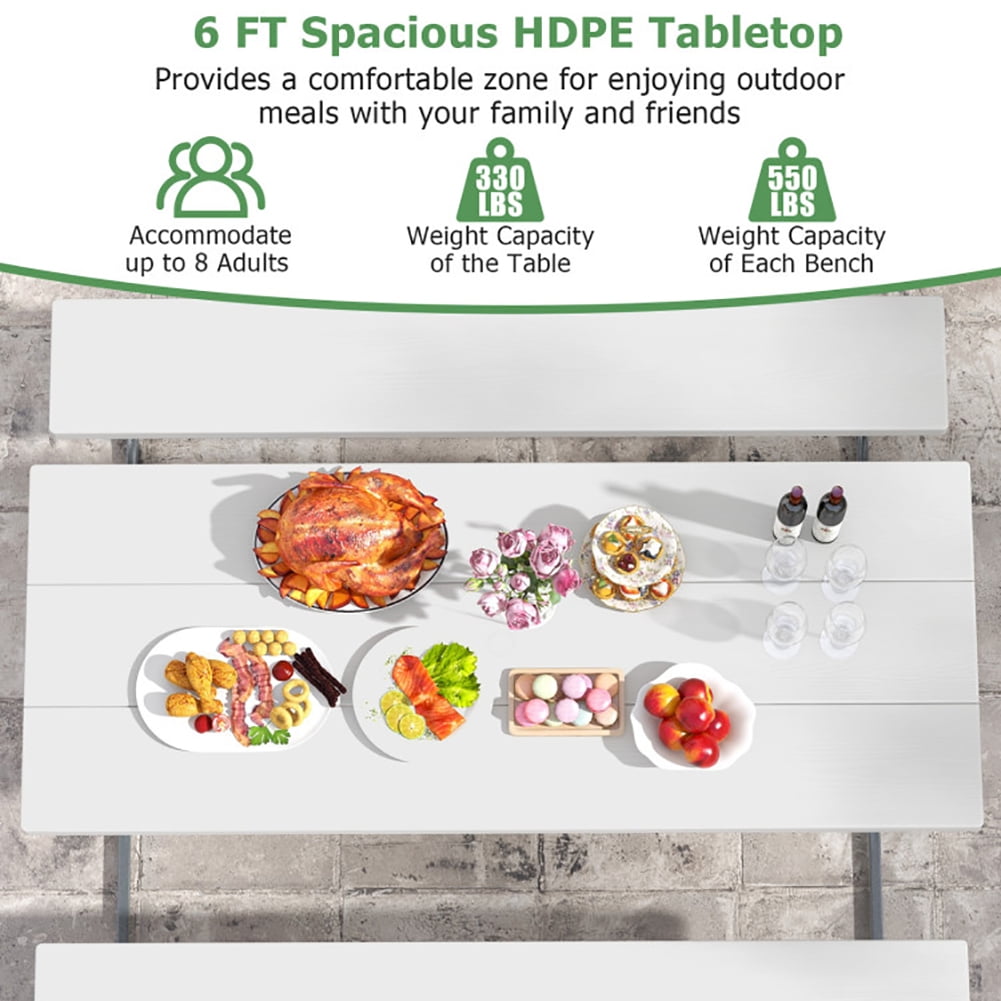 Aimee Lii 6 FT Picnic Table Bench Set Dining Table and 2 Benches with Metal Frame and HDPE Tabletop, Outdoor Patio Furniture, White Aimee Lii 6 FT Picnic Table Bench Set Dining Table and 2 Benches with Metal Frame and HDPE Tabletop, Outdoor Patio Furniture, White