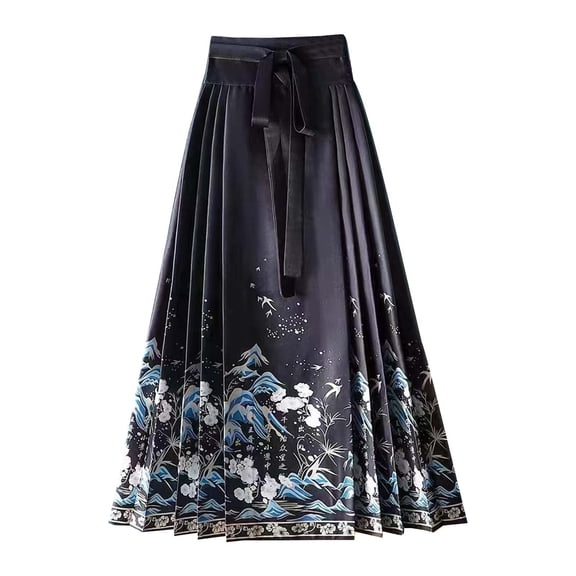 Women Horse Face Skirt Seft Tie Print Elegant Vintage Long Swing Maxi Pleated Skirts Chinese Traditional Hanfu