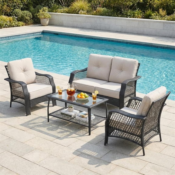 Topcobe 4 Pieces Patio Wicker Furniture Set with Cushion, Coffee Table, Outdoor Patio Furniture Sets, Beige