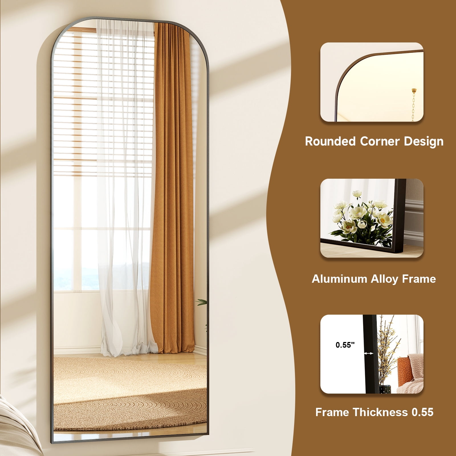 Mirstory 71"x26" Floor Mirror Arched Full Body Standing Mirror, Black