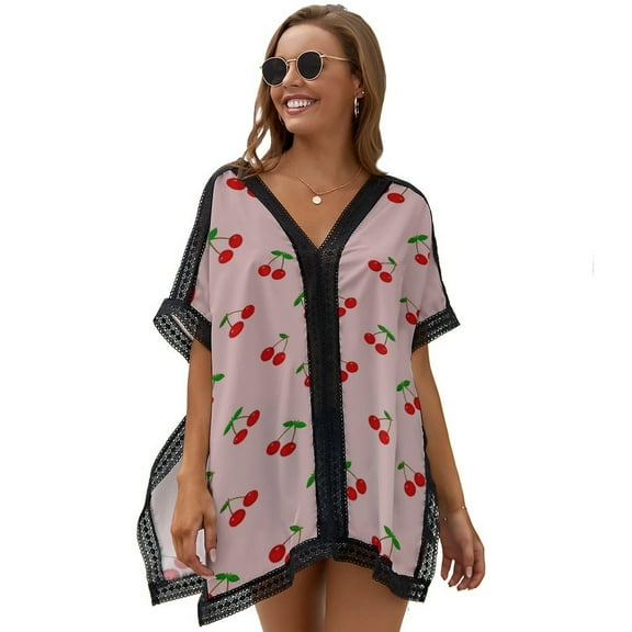 Cherries Beach Cover Ups for Women Bathing Suit Cover Up Lace Bikini Swimsuit Coverup Beach Dress Shirt One Size